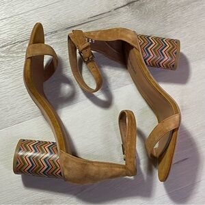 Jeffrey Campbell Tan Suede Sandals with Multicolor Chevron Block Heels